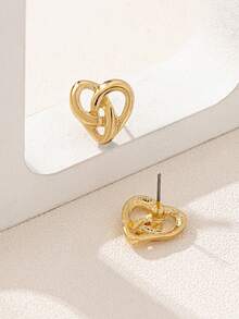 1 Pair Fashionable Minimalist Versatile Exquisite Geometric Asymmetrical Hollow Woven Heart Stud Earrings - Yellow Gold - View 4