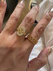 3pcs Old Money Style Vintage Full Rhinestone Iris Flower Rings, Luxury Retro Niche High-End Feel, Stackable Rhinestone Index Finger Ring Band, Versatile Fashion Accessory For Daily Commute - Gold - View 2