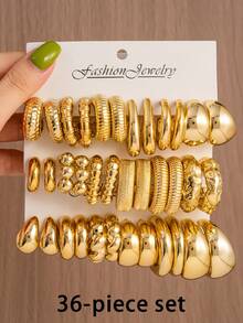12/36pcs CCB Fashion Minimalist Style, Water Drop C-Shaped Textured Women's Fashion Gold Multi-Element Earrings Set, Versatile Daily Wear, Suitable For Women's Daily Wear, Dating, Party, Gift For Friends - Gold - View 8