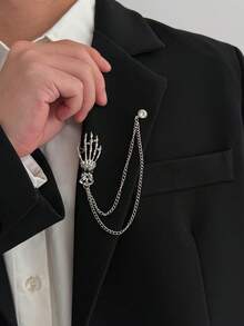 1pc Gothic Skull Palm Chain Brooch, Vintage Silver Tassel Chain Pin, Dark Personalized Decorative Accessory For Suit Jacket - White K - View 2