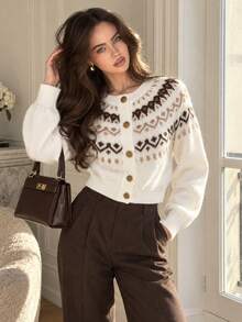Perirose Women's Cream Jacquard Knit Cardigan, Fair Isle Pattern Button Front Sweater, Short Length Long Sleeve, Soft & Warm, Autumn/Winter Vintage Preppy Style - White - View 10