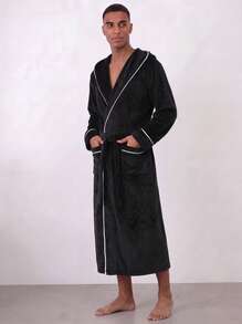 Snug League 1pc Warm Thermal-Lined Double-Layer Hat, Thick Soft Flannel Couple Luxury Bathrobe For Men, Autumn/Winter - Black - View 3