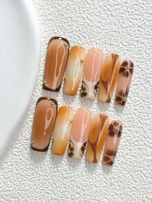 秋季 10 件組美拉德風手工穿戴甲 Polygel 凝膠美甲套組，鋼珠裝飾，棕色指甲油，柔和簡約風，3 種尺寸可選，杏仁甲、鴨嘴甲、棺材甲，適用派對、舞蹈、日常穿著（手工細節可能有所不同） - 彩色 - 查看 19