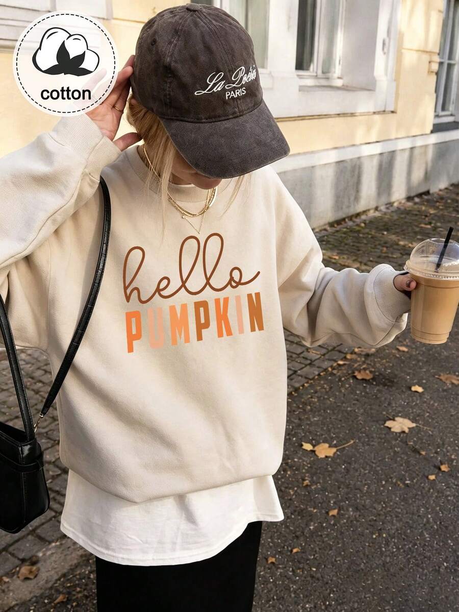 Fleece-Lined Sweatshirt With Letter Print - Apricot - View 1