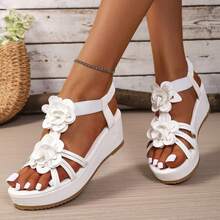 New Women's 3D Floral Multi-Strap Open Toe Wedge Sandals With Elastic Back Strap, Thick Platform Waterproof Sole, Summer Vacation Beach Shoes - White - View 6