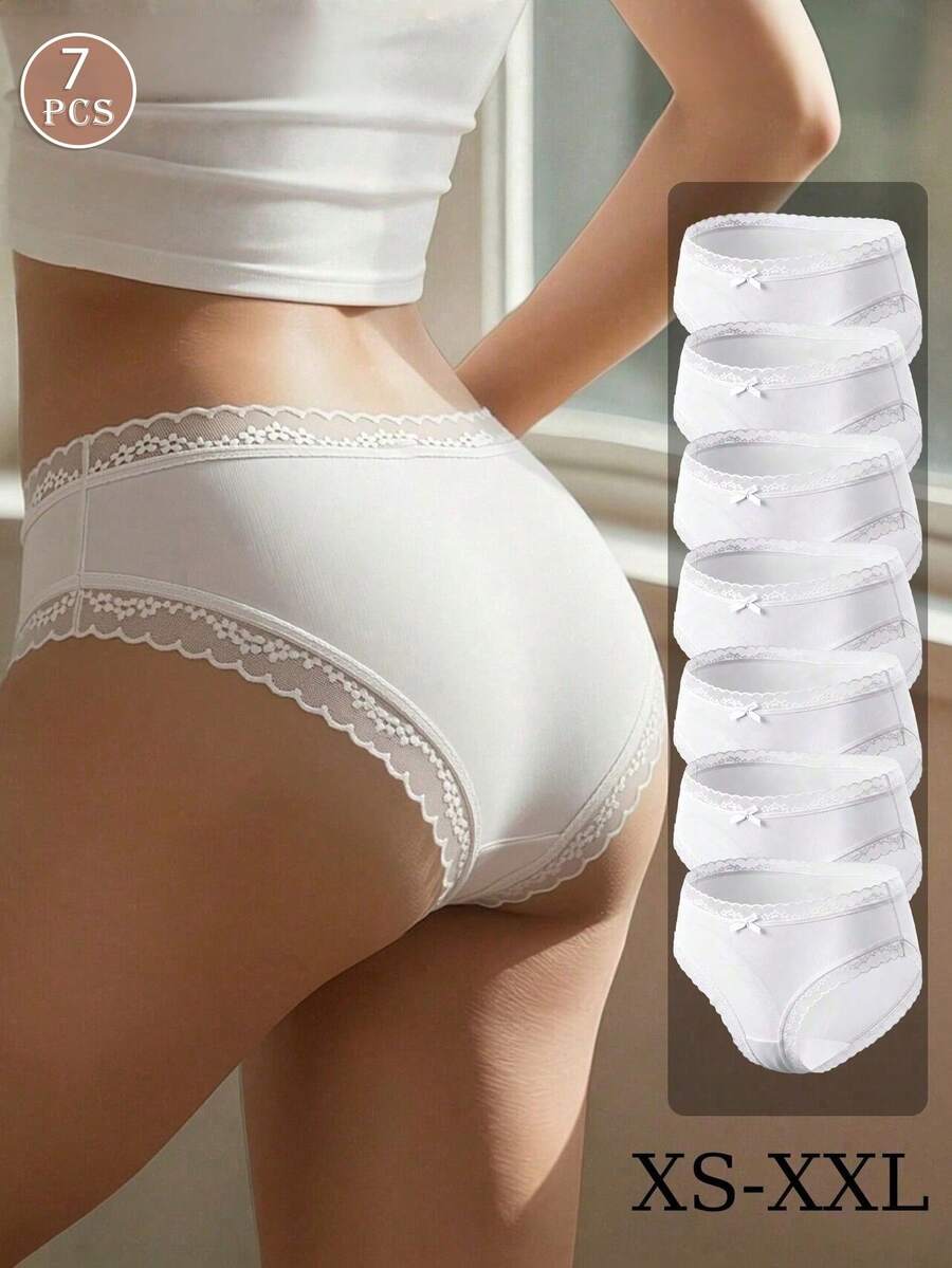 7pcs Women's White Thin Lace Trim Solid Color Ice Silk Seamless Comfortable Mid-Waist Triangle Panties - Multicolor - View 1