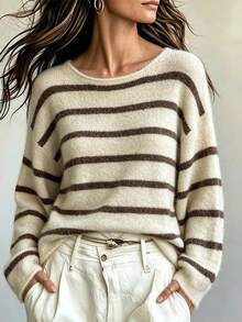 Women's Early Autumn Contrast Striped Sweater, Round Neck Dropped Shoulder Loose Fit, Soft Knit Pullover Top, Casual Commute Daily Wear - Camel - View 2