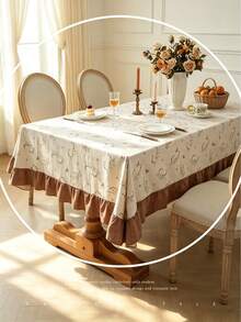 1pc Faux Linen Tablecloth With Scalloped Lace Trim, Polyester Fabric, Botanical Pattern, Rectangular/Square Tablecloth For Dining Room And Living Room Table Decor - Beige - View 6