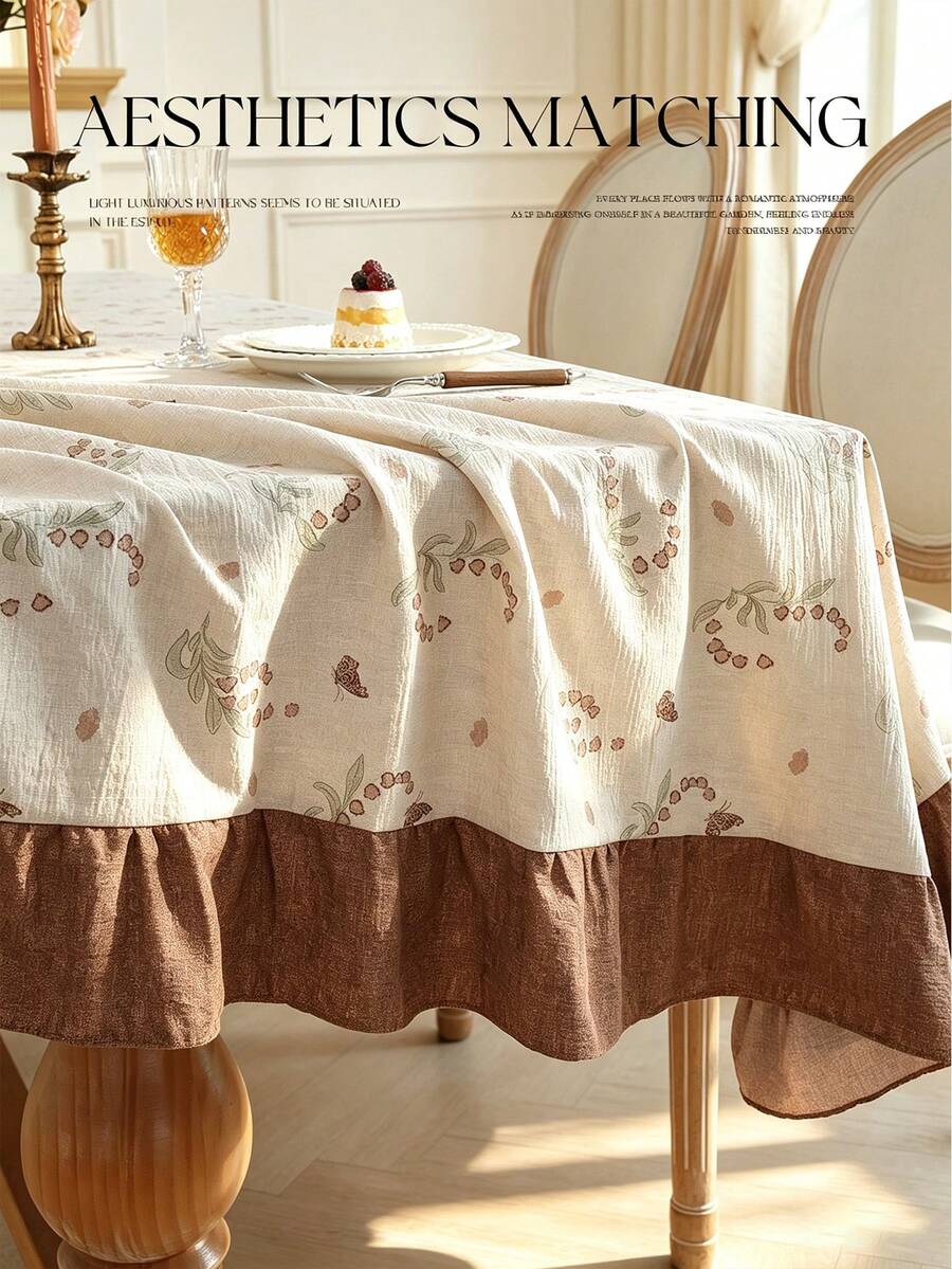 1pc Faux Linen Tablecloth With Scalloped Lace Trim, Polyester Fabric, Botanical Pattern, Rectangular/Square Tablecloth For Dining Room And Living Room Table Decor - Beige - View 1