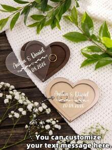 Custom Heart-Shaped Acrylic Ring Box, Laser Engraved Name And Date, Rotating Lid Wedding Jewelry Box, Bride Gift, Keepsake Box, Wedding Accessory, Gift Box, 2 Colors Available, Suitable For Engagement And Proposal - Multicolor - View 1