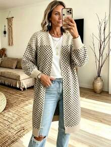 Plus Size Elegant Casual Small Polka Dot Open Front Long Knit Cardigan, Lantern Sleeve Loose Sweater Jacket, Suitable For Autumn - Khaki - View 2
