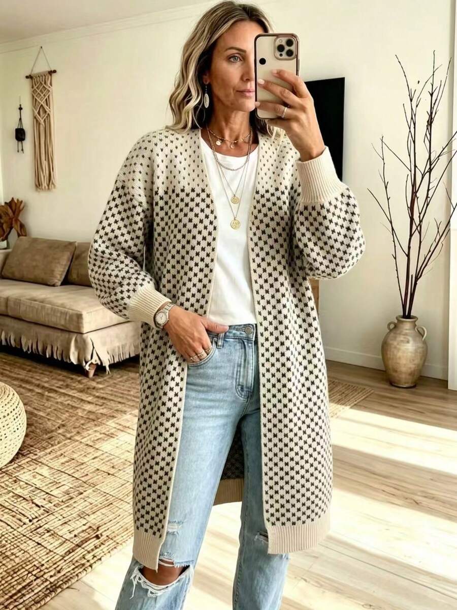 Cardigan de punto largo de talla grande elegante y casual con pequeños lunares, frente abierto, manga farol, chaqueta suéter holgada, adecuado para otoño - Caqui - Ver 1