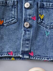 Baby Girl Colorful Heart Embroidered Turn Collar Button Washed Denim Jacket, Children Casual Outerwear - Blue - View 6