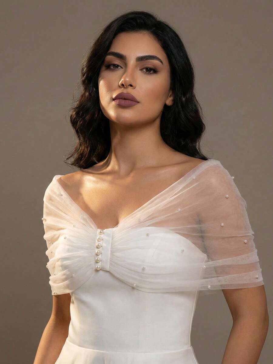 French Sheer Tulle Pearl Shrug, Short Arm Cover, Wrap For Strapless Wedding Gown