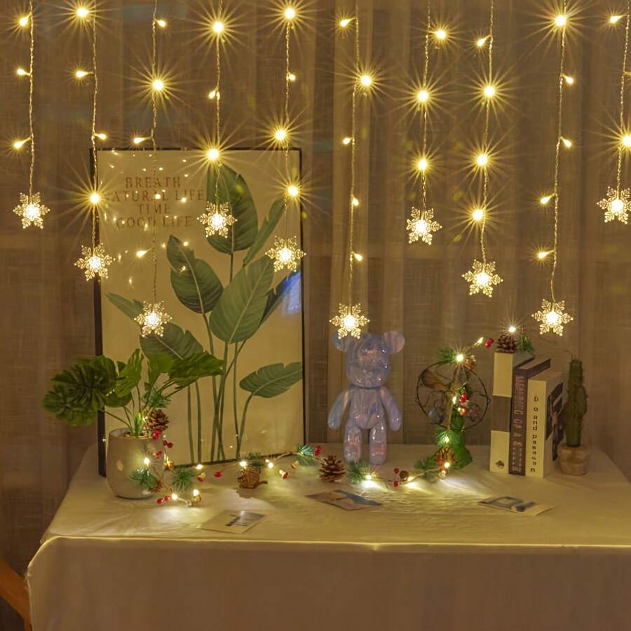 1PC 96 LED Snowflake Curtain String Light, USB Powered Fairy Hanging Light String, 8 Lighting Modes, Large Snowflake Ice Bar Light, Suitable For Indoor, Living Room, Party, Wedding, Wall, Winter, Christmas, Home Atmosphere Light - Warm Light - Curtain Lights - View 1