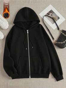 Cotton Men's Top, Men's Basic Loose Zip-Up Hoodie, Spring/Autumn Soft Breathable Dropped Shoulder Long Sleeve Top - Black - View 4