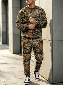 Men's Autumn/Winter Street Casual Vintage Bark & Fallen Leaf Camouflage Print Crew Neck Sweatshirt & Sweatpants Set - Multicolor - View 5