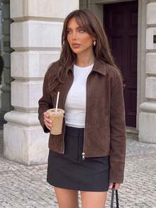 26 Autumn/Winter New Fashion Vintage Suede Lapel Loose Jacket For Daily, Travel, Airport Outfits - Coffee Brown - View 7