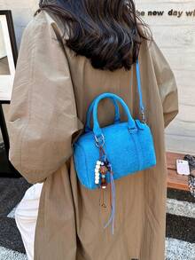Handbag Cylinder Shape, Dual Short Handles, Detachable Long Shoulder Strap, Comes With Handmade Beaded Charm. Textured Body, Zipper Closure, Compact And Structured, Can Be Carried By Hand Or Worn Crossbody, Vintage And Eye-Catching, Suitable For Daily Outings And Dates. - Blue - View 2