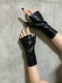 1 Pair Solid Color Casual Street Party Premium PU Leather Half-Finger Open-Toe Gloves For Daily Wear, Birthday Party, Gift, Performance, Autumn/Winter - Fingerless Leather Gloves - View 2