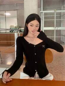 Korean Style Asymmetrical Shoulder Bow Long Sleeve T-Shirt Women Autumn Slim Fit Adjustable Shoulder Strap Asymmetrical Shoulder Top - Black - View 9
