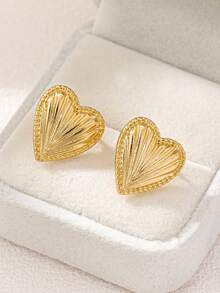 1 Pair Fashion Minimalist Exquisite Geometric Heart Texture Women's Stud Earrings, Suitable For Daily Wear And Holiday Gifts - Yellow Gold - View 2