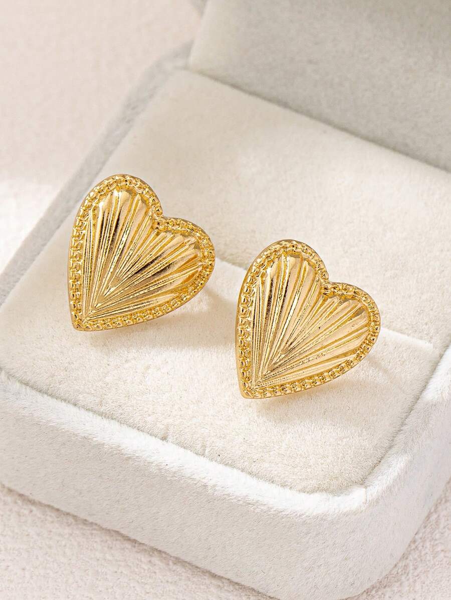 1 Pair Fashion Minimalist Exquisite Geometric Heart Texture Women's Stud Earrings, Suitable For Daily Wear And Holiday Gifts - Yellow Gold - View 1