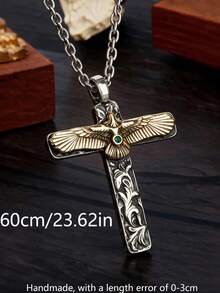 1pc Men's Necklace, Distressed Silver Metal, Eagle Cross Green Stone Pendant, Vintage Personalized Versatile Necklace, Daily Streetwear - Multicolor - View 3