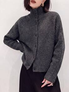 Women's Knitted Cardigan Jacket, Long Sleeve High Neck, Button Front Design, Suitable For Autumn/Winter - Dark Grey - View 5