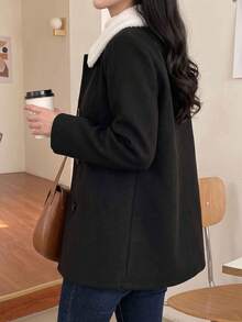 Women's Autumn/Winter Black Wool Mid-Length Coat, Lambswool Collar, Double-Breasted, A-Line Loose Fit - Black - View 5