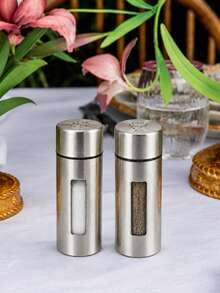 2pcs Stainless Steel Salt And Pepper Shaker Set, Viewing Windows, Brushed Finish, Portable Caddy, Tabletop Seasoning Organizer For Ground Spices, Kitchen, Dining Table, Restaurant, BBQ, Saudi National Day Dining, Christmas Table Settings And Gifts - Multicolor - View 4