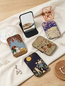 1PC Ins Illustration Series Portable Folding Makeup Mirror, Lightweight Ultra-Thin Convenient Durable PU Leather, Suitable For Various Occasions Travel Party Work School, Suitable For All Ages - Multicolor - View 1
