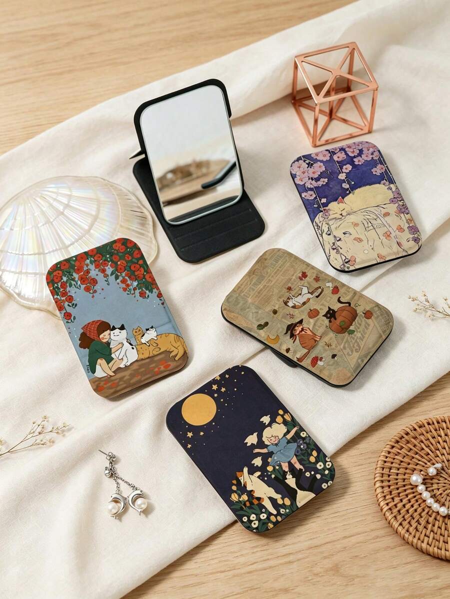 1PC Ins Illustration Series Portable Folding Makeup Mirror, Lightweight Ultra-Thin Convenient Durable PU Leather, Suitable For Various Occasions Travel Party Work School, Suitable For All Ages - Multicolor - View 1