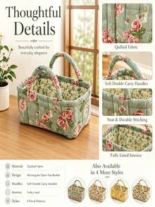 Floral Fabric Storage Basket With Handle, Quilted Organizer, Suitable For Bedroom, Bathroom, Closet, And Shelf, Portable Clothing And Cosmetic Storage Box, Home Decor, Shelf Baskets - Multicolor - View 3
