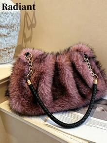 Women's Plush Pink Large Capacity Metal Chain Shoulder Bag, Autumn/Winter - Pink - View 2