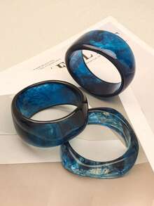 3pcs Asymmetric Geometric Round Resin Bracelets, Fashion Minimalist Versatile Acrylic Bangles - Blue - View 6