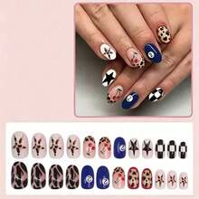 24pcs Short Oval Leopard Print, Polka Dot, Striped Nail Stickers - Multicolor - View 5