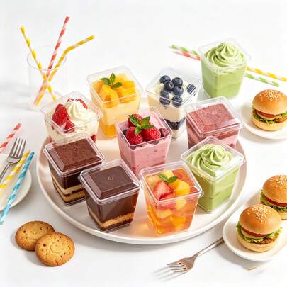 50/30/20/10pcs Clear Square Cups With Lids, Pudding Jelly Ice Cream Cups, Dessert Cups, Party Wedding Catering Supplies Food Containers, Mini Dessert Appetizer Cups, Restaurant Mini Appetizer Service Cups, Suitable For Parties, Weddings, Catering, Home Gatherings, Christmas Gifts