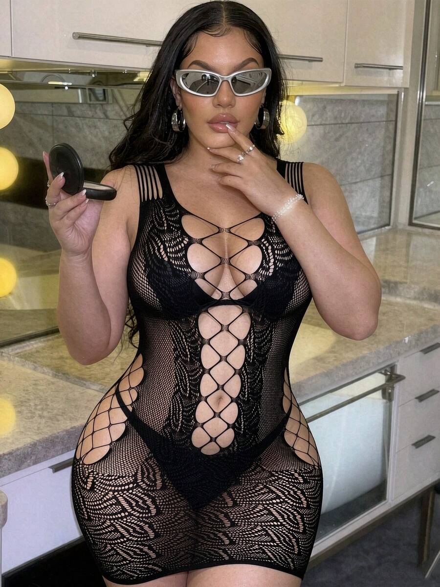 1 buah Bodysuit Jala Seksi, Pola Renda Berongga, Elastis, Halloween - Hitam - View 1