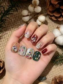 1box/2boxes Fall Autumn Christmas Random Mixed Christmas Style Colorful Pointed Rhinestone Nail Art Accessories, Colorful Rhinestones + White Pearls Combination, Sparkling 3D, Create Autumn/Winter Christmas Atmosphere Nails, Exquisite And Versatile Nail Decoration - Multicolor - View 2