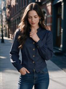 Women Vertical Striped Ruffle Cuff Shirt Button Down Casual V Neck Tops For Going Out Dating Daily Commuting - Blue - View 4