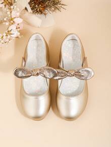 Elegant Bow Mary Jane Flat Shoes For Girls, Suitable For Middle And Older Children To Pair With Dresses For Indoor Parties And Events In Autumn/Winter - Gold - View 3