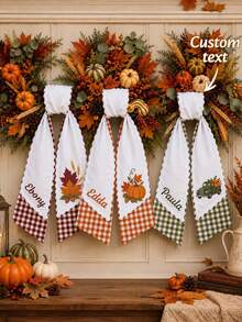 1pc Customized Embroidered Name Wreath Sash, Autumn Harvest Pattern Wreath Bow, With Plaid Pattern And Wavy Edge Trim, 3 Colors Available, Suitable For Thanksgiving Holiday Gift, Family Members And Loved Ones Front Door Entrance Decoration - Multicolor - View 2