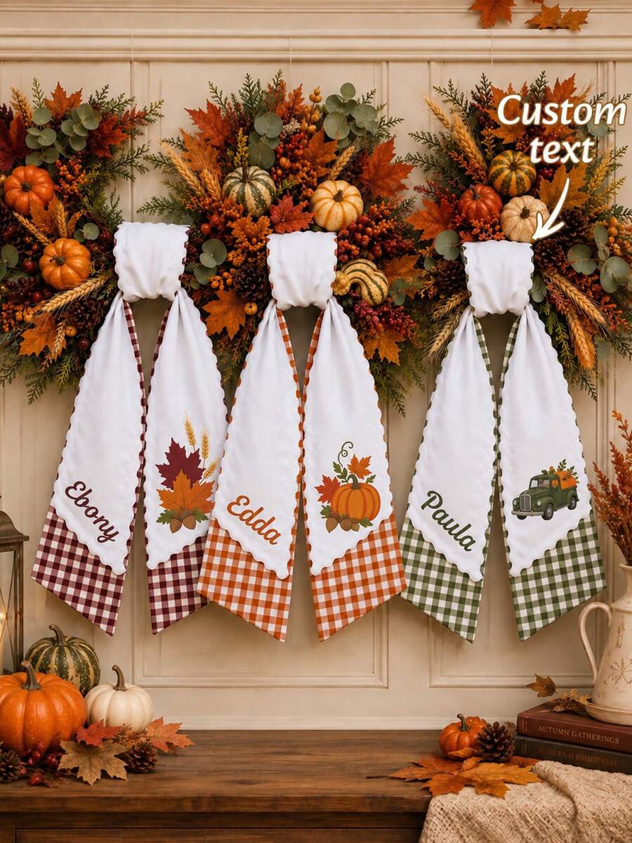 1pc Customized Embroidered Name Wreath Sash, Autumn Harvest Pattern Wreath Bow, With Plaid Pattern And Wavy Edge Trim, 3 Colors Available, Suitable For Thanksgiving Holiday Gift, Family Members And Loved Ones Front Door Entrance Decoration
