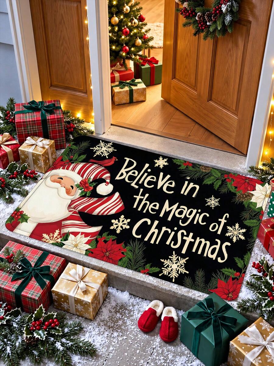 Santa Claus Doormat, Merry Christmas Snowflake Pattern Front Door Mat, Suitable For Floor, Entrance, Hallway, Laundry Room, Kitchen Sink, Seasonal Winter Christmas Holiday Home Decor