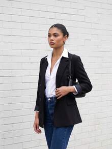 Women's Loose Fit Black Double-Breasted Blazer Jacket, Wrinkle-Resistant Casual Suit Jacket - Black - View 1