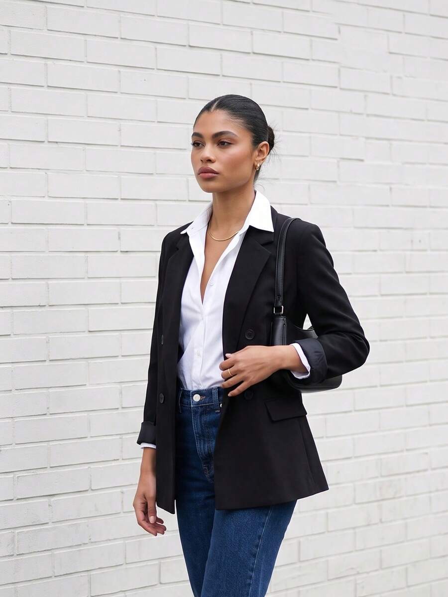 Women's Loose Fit Black Double-Breasted Blazer Jacket, Wrinkle-Resistant Casual Suit Jacket - Black - View 1