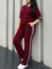 Women's New Arrival Contrast Color Casual Elegant 2 Pieces Set, Suitable For Sports, Daily Wear, Office, Spring/Summer Red - Red - View 4