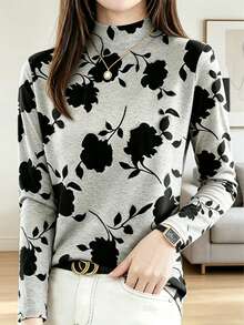 Vintage Lazy Casual American Style Personalized Print Autumn/Winter New High-End Ice Silk Slimming Semi-High Neck Long Sleeve T-Shirt - Dark Grey - View 4