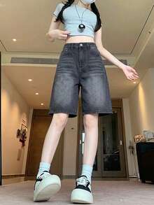 Quần short denim nữ cạp cao mặc nhà hàng ngày mùa hè, màu trơn, denim giặt wash vân râu mèo - Xám - Xem 6